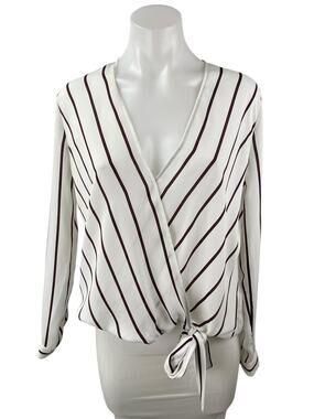 BB Dakota Women's White Black Stripes V Neck Long Sleeve Wrap Tie Blouse Top S